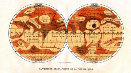 Первая более или менее точная карта Марса, составленная по данным астрономических наблюдений в годы наибольшего сближения Красной планеты с Землей (1877 и 1881)